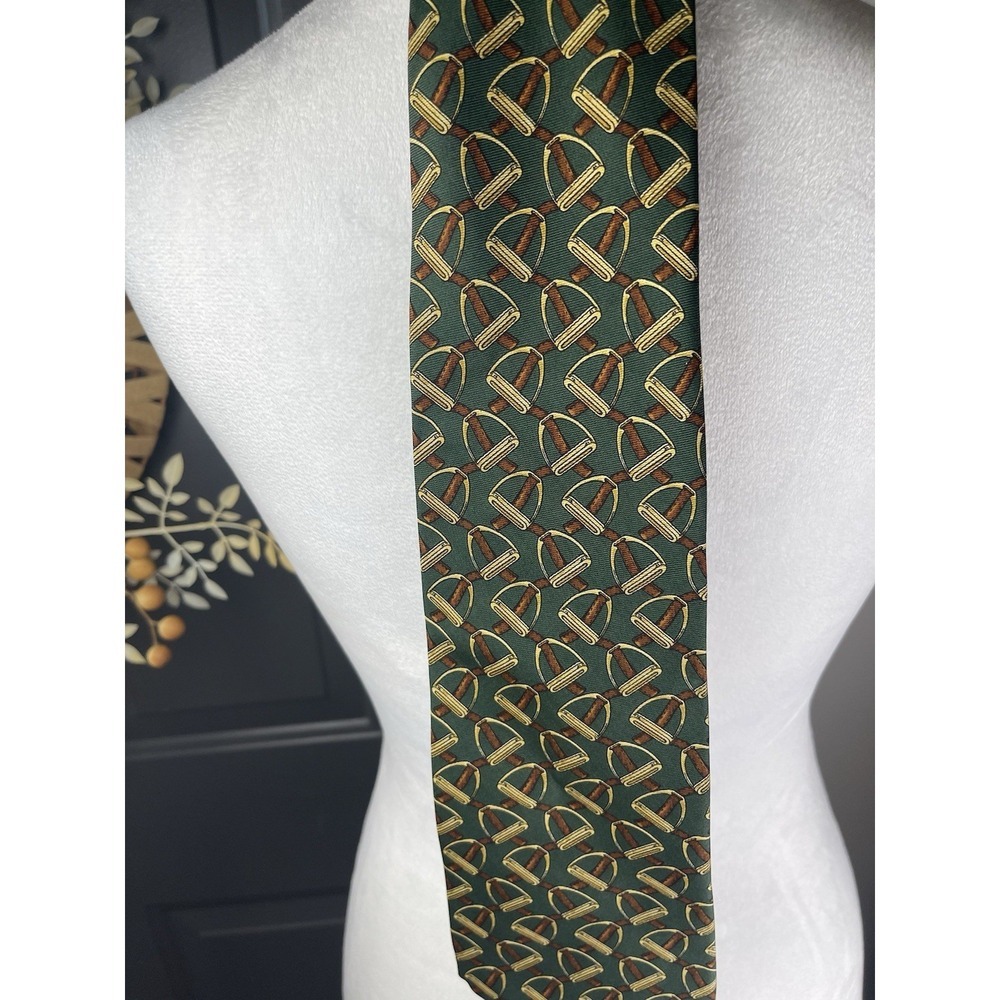 Vintage Rare Burberry Horse Stirrups Equestrian Made In The USA Silk Green Tie - Picture 2 of 4